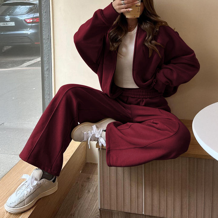 Damen Oversize-Zipjacke und hochgeschnittene Palazzohose aus weichem French-Terry – Auréline