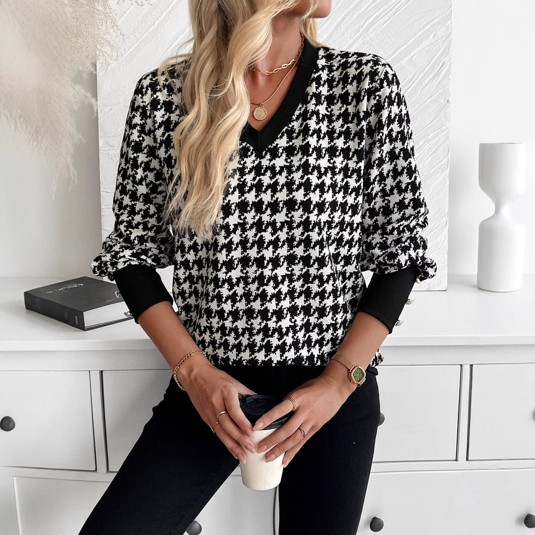Damen nan V-Ausschnitt Strickpullover mit Hahnentrittmuster und gerippten Bündchen Echo Archiv