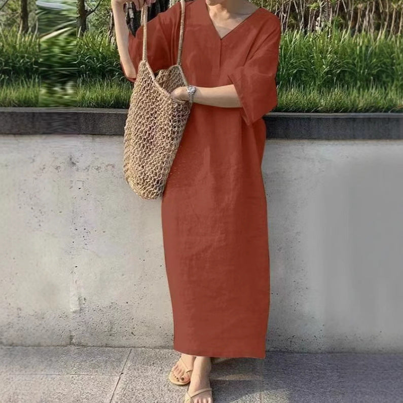 Damen lässiges Leinen-Midikleid mit V-Ausschnitt und weit geschnittenen Ärmeln Echo Archiv