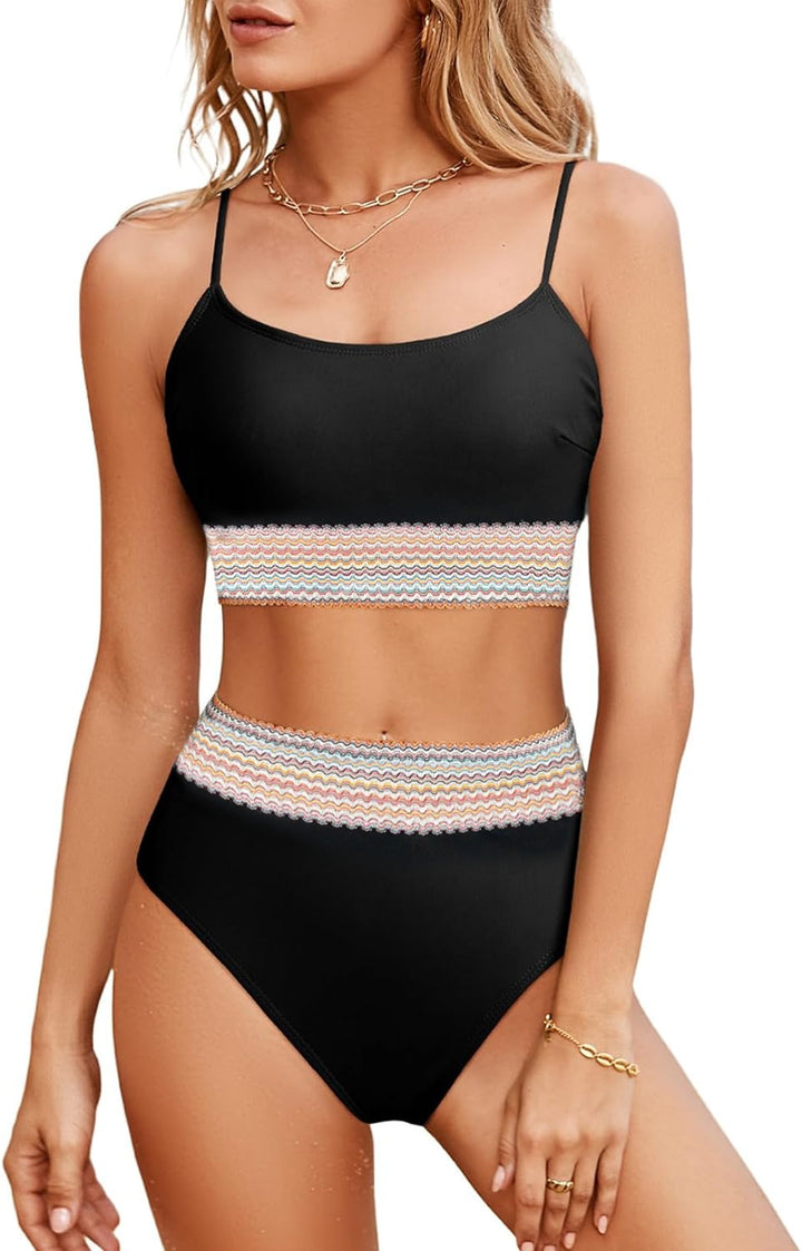 Damen Sportliches Bikini-Set mit hohem Bund und buntem Wellenmuster Echo Archiv