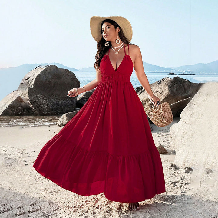 Damen Maxikleid mit tiefem V-Ausschnitt und elastischem Taillenbund Echo Archiv