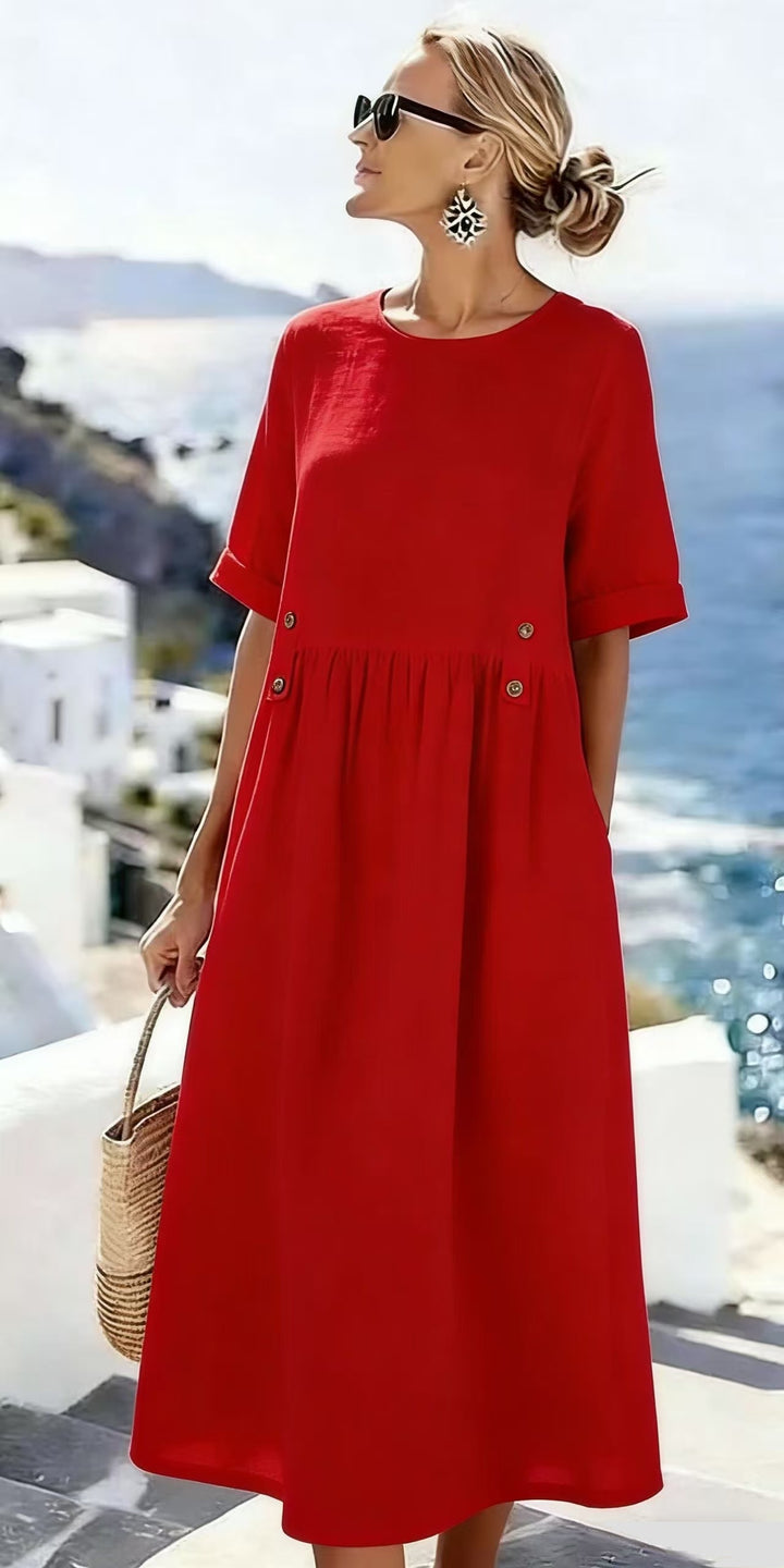 Damen Langes Leinenoptik-Sommerkleid mit geraffter Taillenpartie und Eingrifftaschen – Lunéa