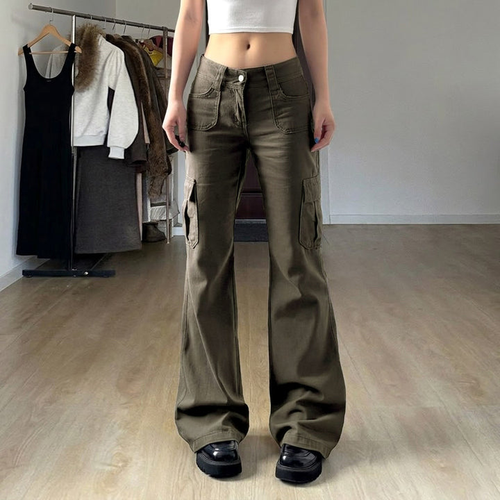 Damen Cargo-Flares mit hoher Taille, Klappentaschen und weitem Schlag Echo Archiv