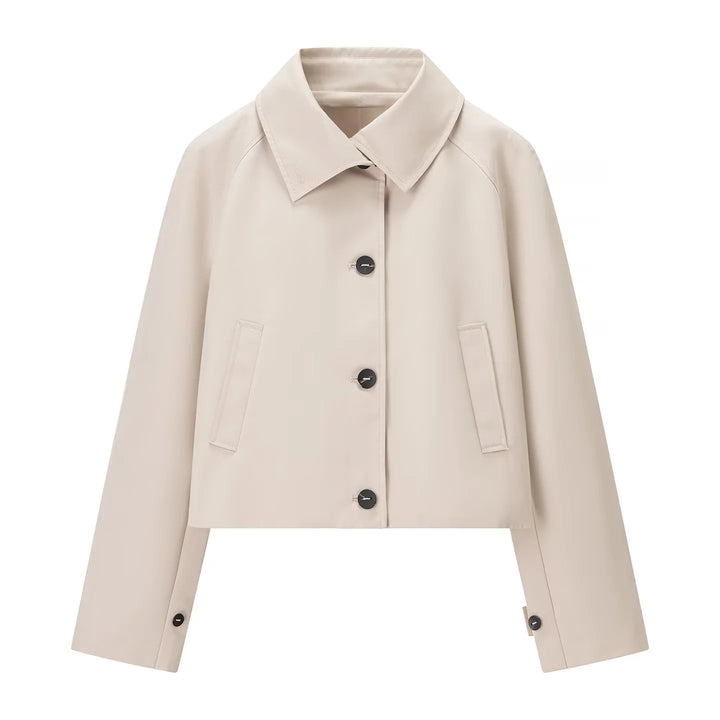 Damen kurz geschnittene wasserabweisende Cropped-Trenchjacke mit Hemdkragen und verdeckter Knopfleiste – Célinea