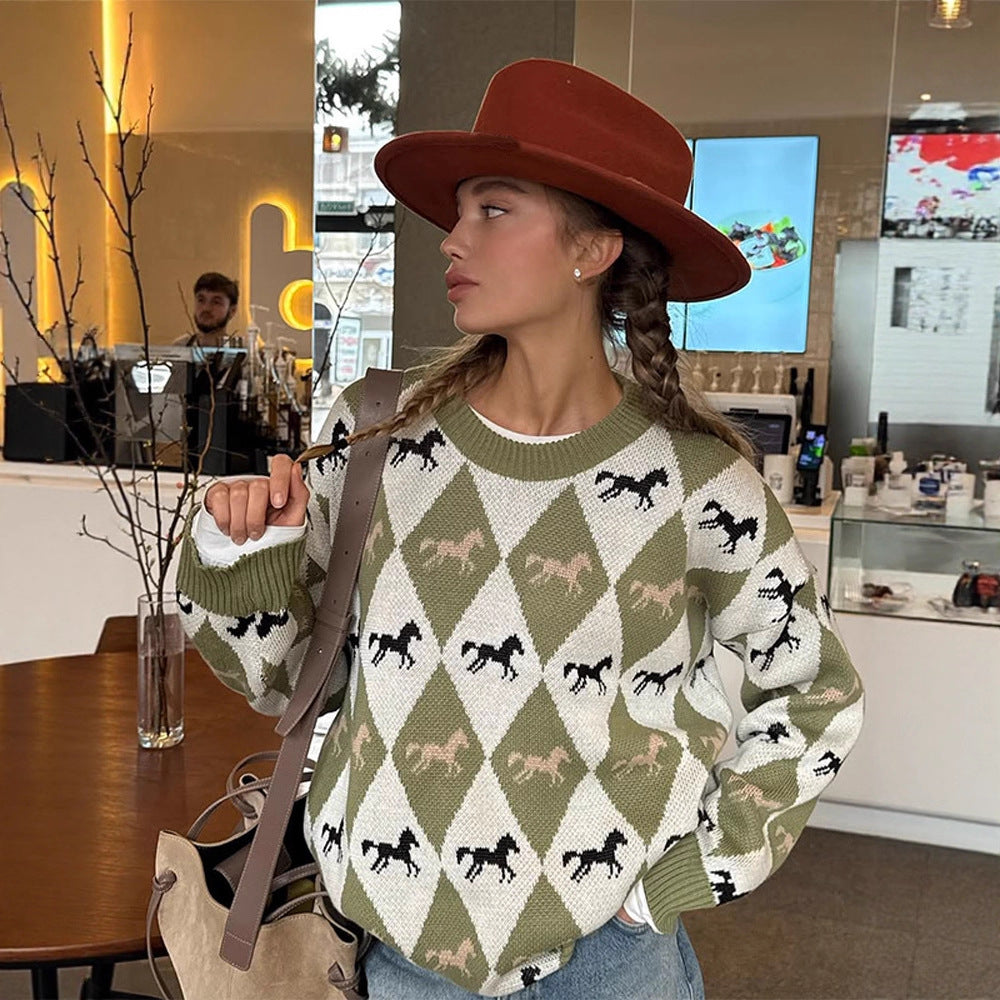 Damen Oversize Strickpullover mit Argyle-Muster und Pferde-Motiv Echoarchiv