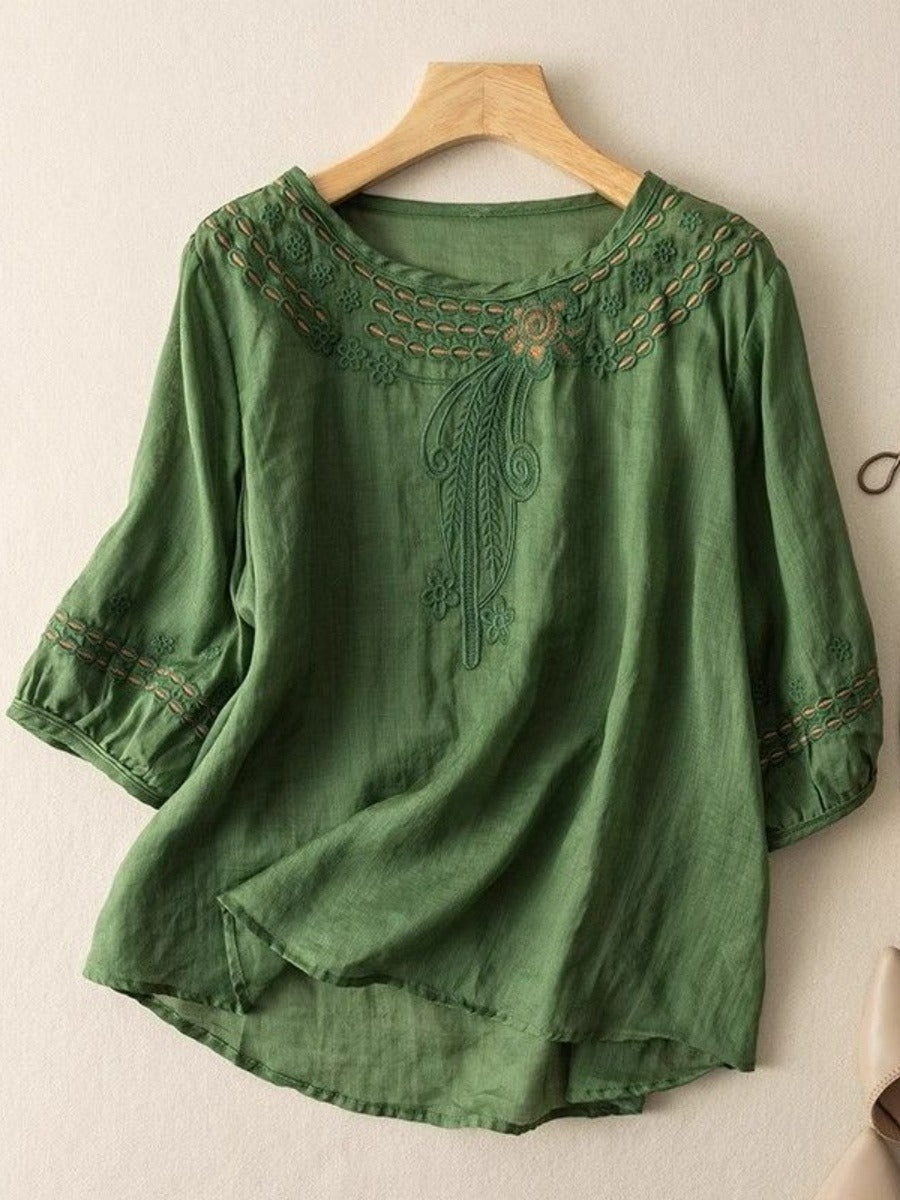 Damen Bestickte Leinenoptik-Bluse mit Rundhalsausschnitt und Dreiviertelärmeln – Élovi