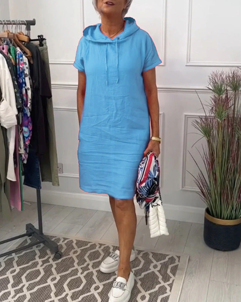 Damen nan lässiges Kapuzen-Midikleid mit kurzen Ärmeln und geradem Relax‑Schnitt Echo Archiv
