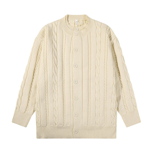 Unisex Übergroße Zopfmuster-Strickjacke mit Knopfleiste und Rundhalsausschnitt Echoarchiv