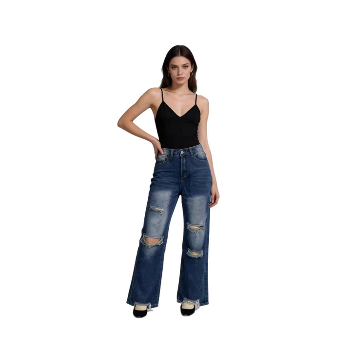 Damen nan hochgeschnittene Relaxed-Jeans mit weitem Bein, Knie-Rips und rohem Saum Echo Archiv