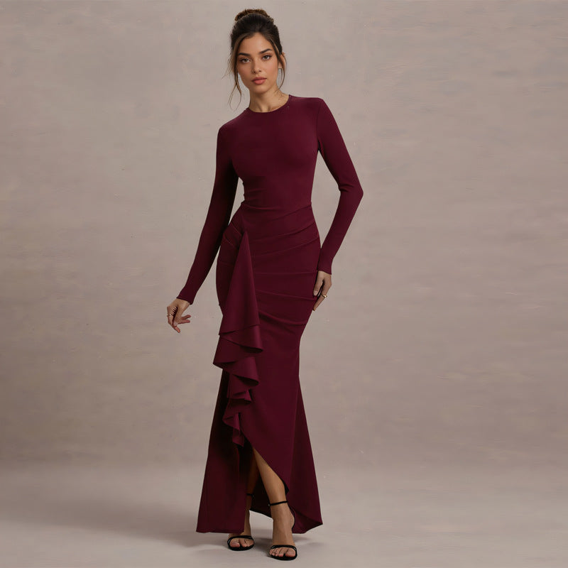 Damen Elegantes Abend-Maxikleid mit langen Ärmeln, figurbetonter Silhouette und seitlichem Volant – Avérine