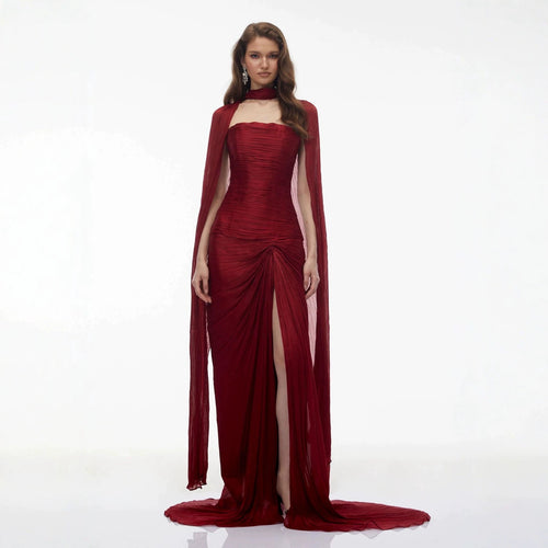 Damen Elegantes Maxikleid mit schulterfreier Silhouette und drapierter Cape-Optik Echo Archiv