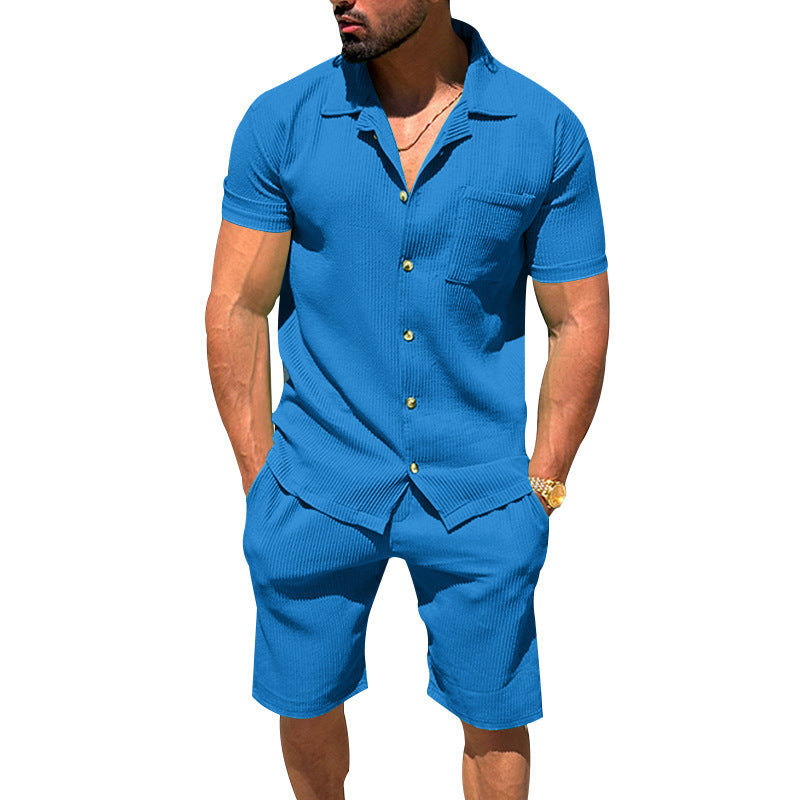 Herren nan lässiges zweiteiliges Freizeitset aus geripptem Jersey mit Hemdkragen Knopfleiste und Shorts Echo Archiv