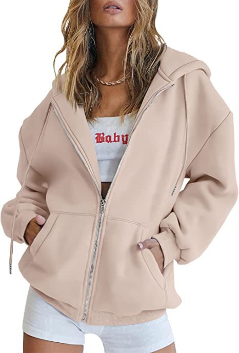 Damen übergroße Kapuzenjacke mit durchgehendem Reißverschluss und Kängurutaschen – Auréline