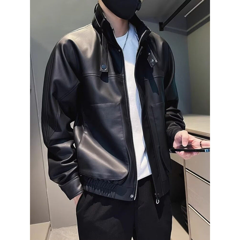 Herren Biker-inspirierte Kunstleder-Bomberjacke mit Stehkragen und elastischem Saum Echoarchiv