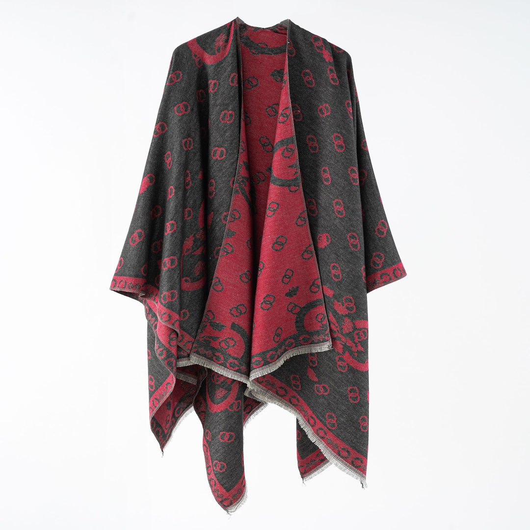 Damen Wendbarer Jacquard-Überwurf mit Fransen und großzügiger Wrap-Silhouette Echo Archiv