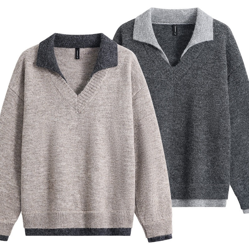 Herren Oversize-Pullover mit kontrastierendem Kragen, V‑Ausschnitt und weichem Fleeceinnenfutter Echoarchiv