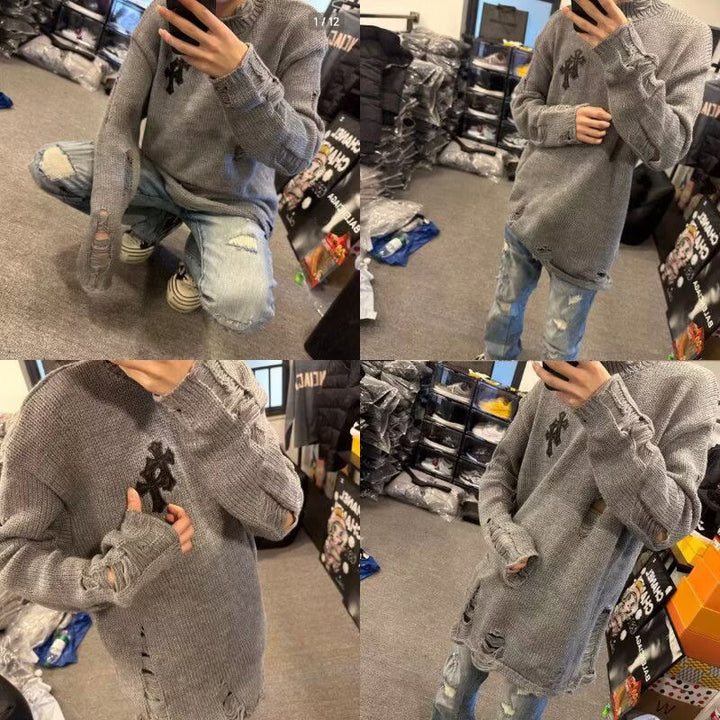 Damen Modischer Grobstrickpullover mit Rollkragen und distressed Design Echoarchiv