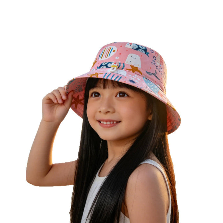 Unisex nan Kinder-Sonnenhut mit Wendemotiv, Kinnband und hohem UV-Schutz  Echo Archiv