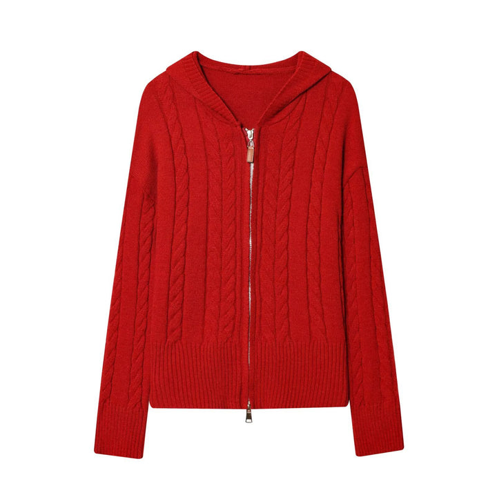 Damen Kapuzenstrickjacke mit Zopfstrickmuster und Metallreißverschluss Echo Archiv