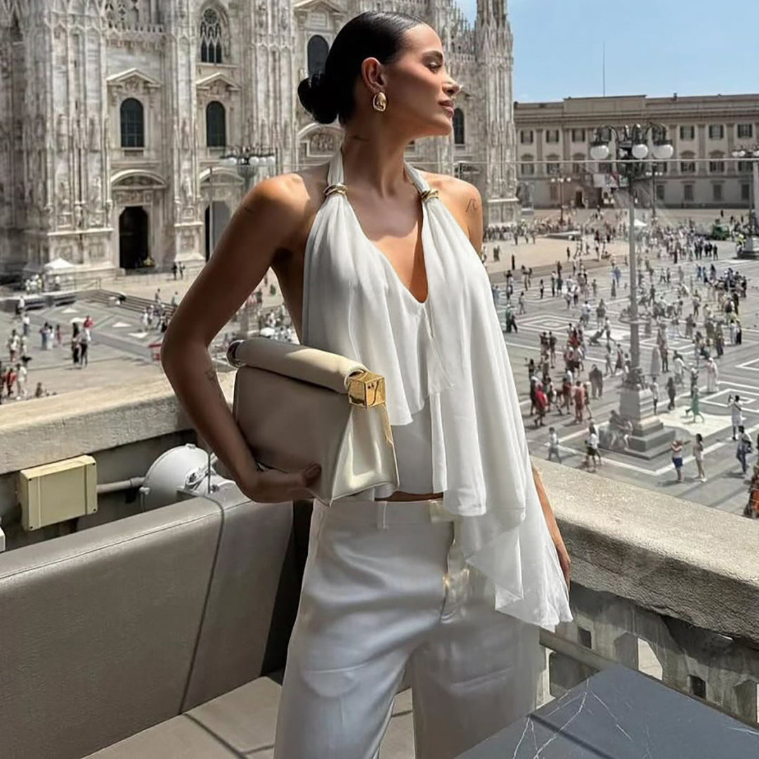 Damen Fließendes Chiffon-Oberteil mit elegantem V-Ausschnitt und Raffungen Echo Archiv