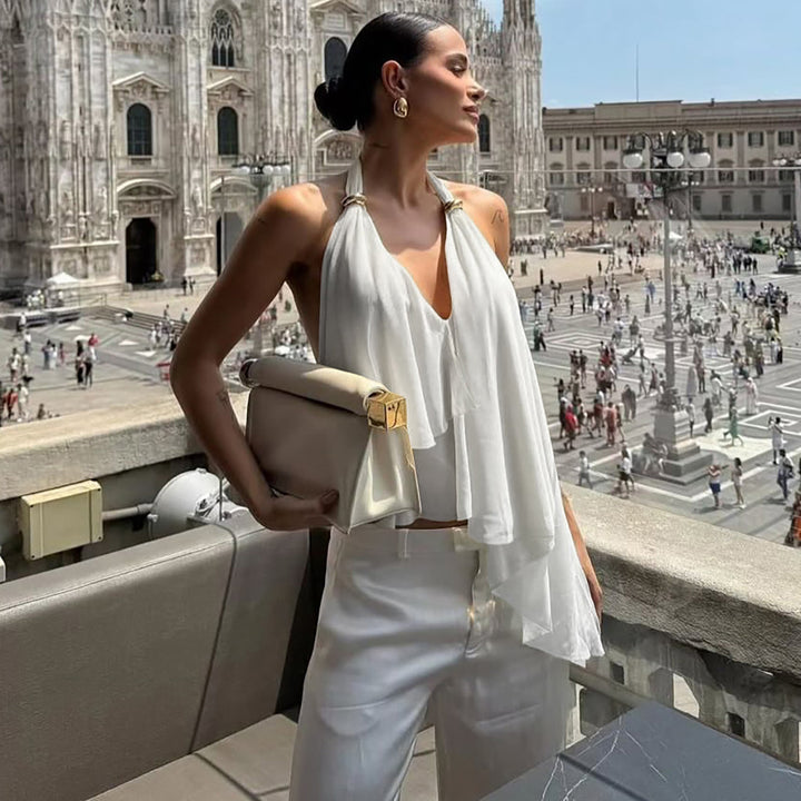 Damen Fließendes Chiffon-Oberteil mit elegantem V-Ausschnitt und Raffungen Echo Archiv