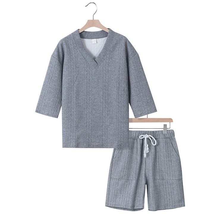 Unisex nan lässiges Lounge-Set mit V-Ausschnitt-Oberteil und Kordelbund-Shorts Echo Archiv
