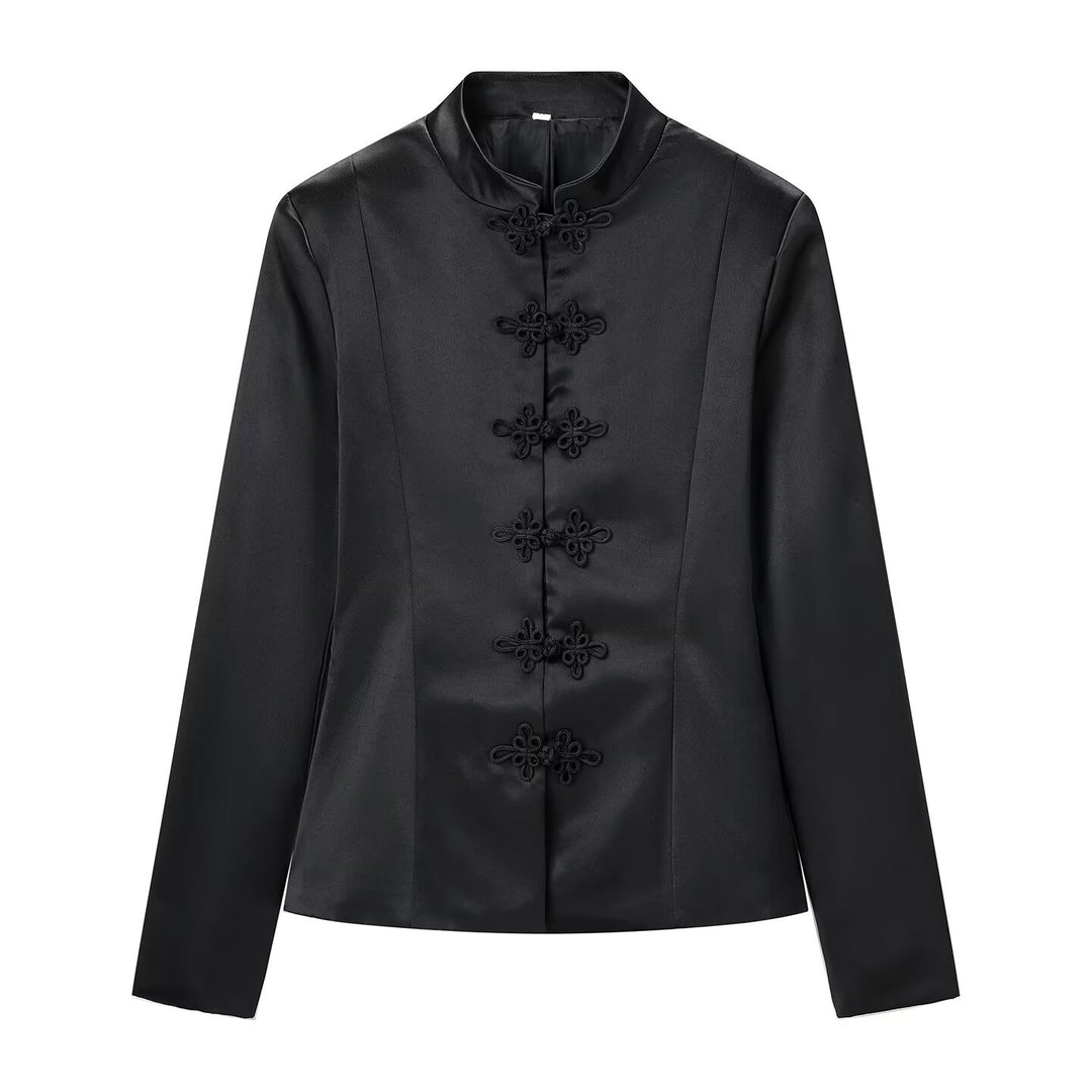 Damen Taillierter Satin-Blazer mit Mandarinkragen und dekorativen Froschverschlüssen Echo Archiv