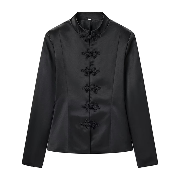 Damen Taillierter Satin-Blazer mit Mandarinkragen und dekorativen Froschverschlüssen Echo Archiv