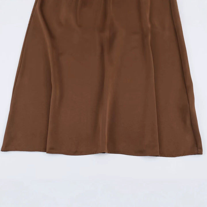 Damen Elegantes Satin-Maxikleid mit V-Ausschnitt und Spitzenbesatz Echoarchiv