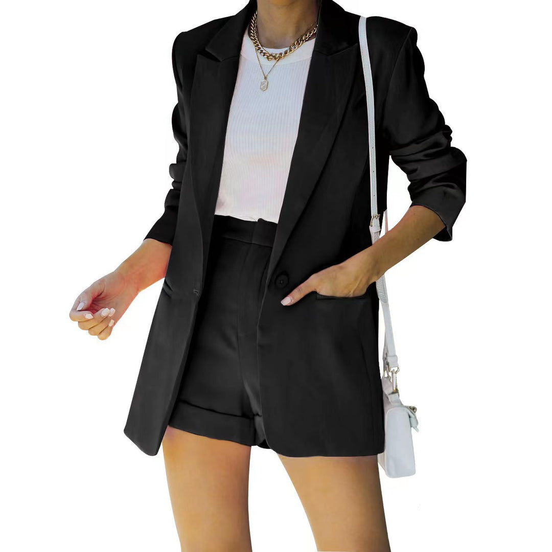 Damen nan figurbetontes Longblazer- und High-Waist-Shorts-Set mit überschnittenen Schultern und aufgesetzten Taschen Echo Archiv
