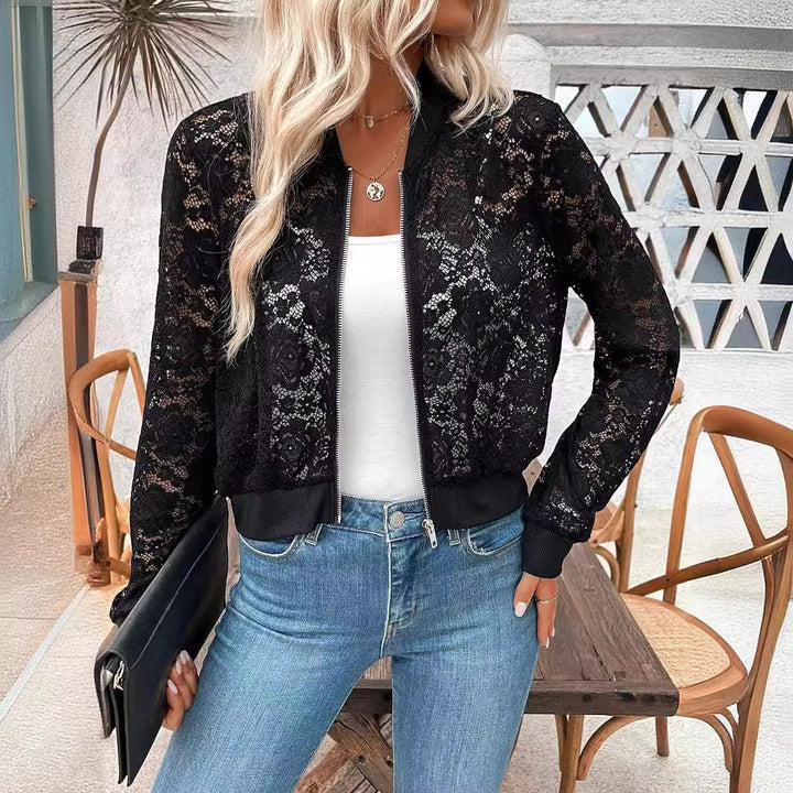 Damen nan Spitzen-Bomberjacke mit Reißverschluss, Rippbündchen und floraler Transparenz Echo Archiv