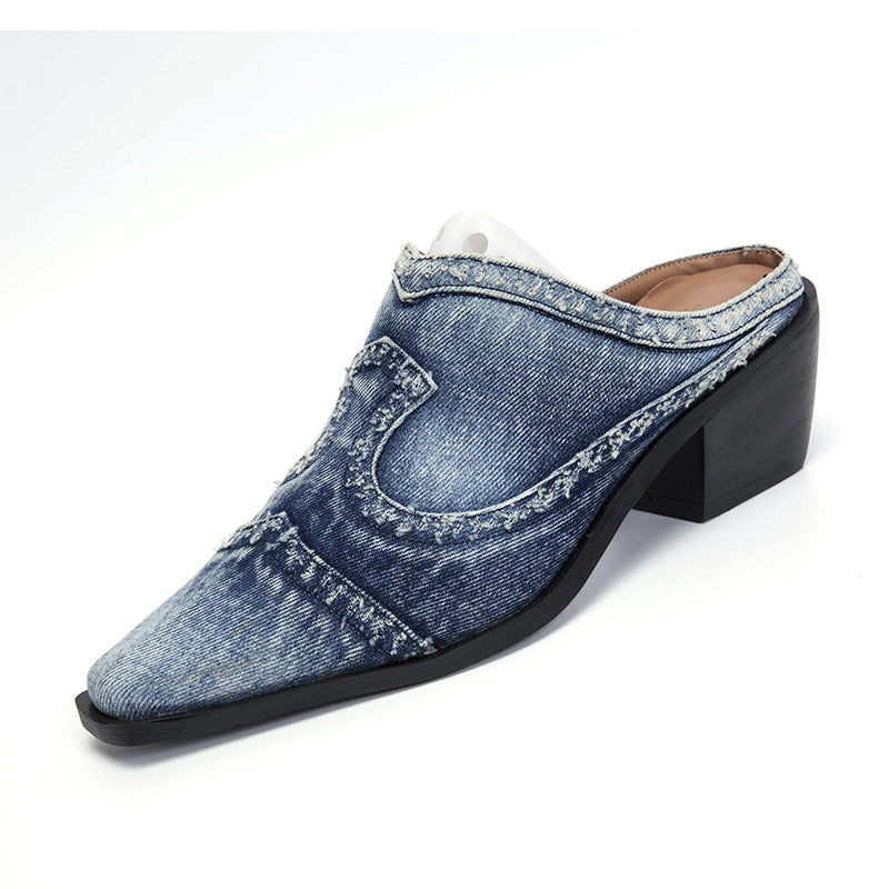 Damen nan Jeans-Slipper mit spitzer Zehenkappe, fransiger Kantenverarbeitung und mittelhohem Blockabsatz Echo Archiv