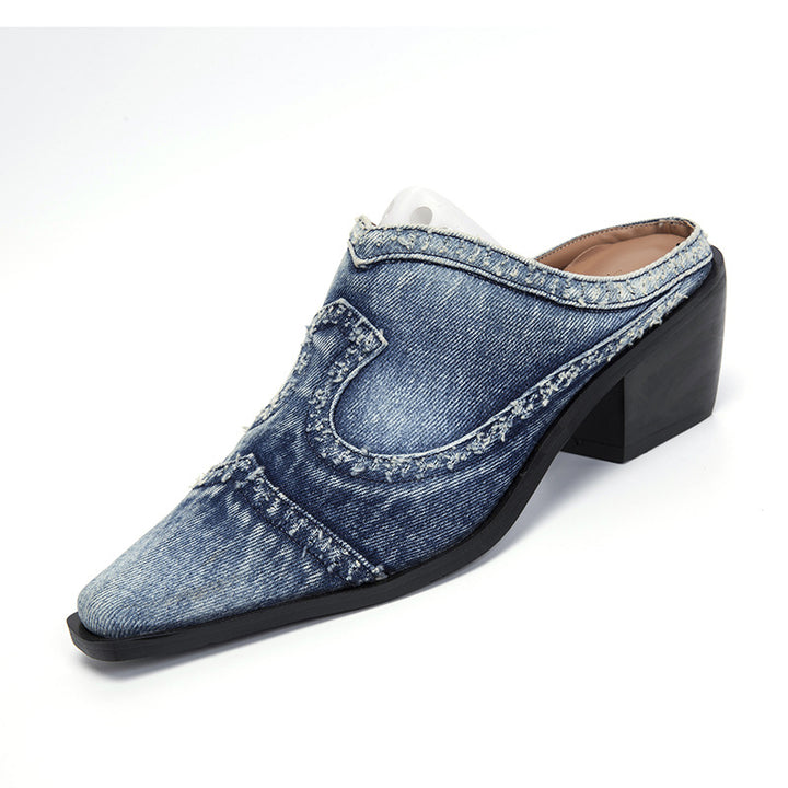 Damen nan Jeans-Slipper mit spitzer Zehenkappe, fransiger Kantenverarbeitung und mittelhohem Blockabsatz Echo Archiv