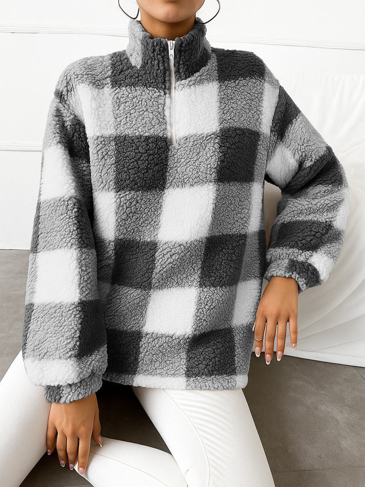 Damen nan kariertes Teddy-Fleece Pullover mit Stehkragen und halbhohem Reißverschluss Echo Archiv