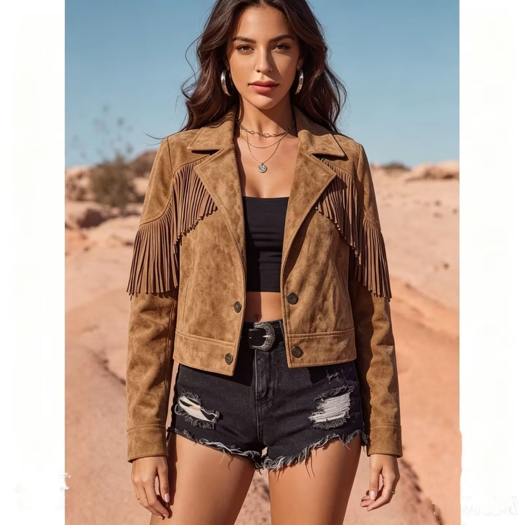 Damen Kurze Wildlederoptik-Fransenjacke im Cropped-Boxy-Schnitt Echoarchiv