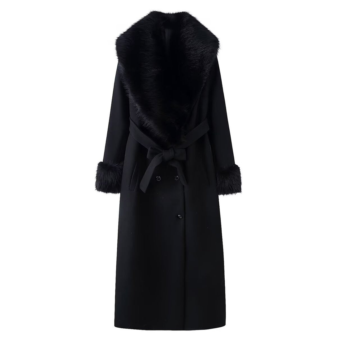 Damen Eleganter Wollmantel mit großem Kunstfellkragen und Bindegürtel Echo Archiv