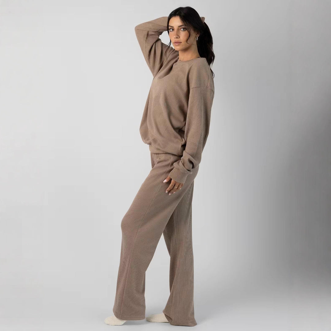 Damen geräumiges Waffelstrick-Loungewear-Set mit Rundhalsausschnitt und Tunnelzughose – Avérine