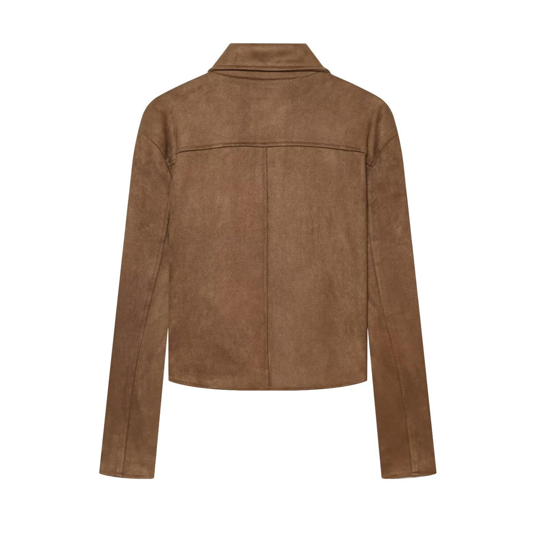 Damen Kurzjacke im Veloursleder-Look mit Hemdkragen und aufgesetzten Taschen Echo Archiv