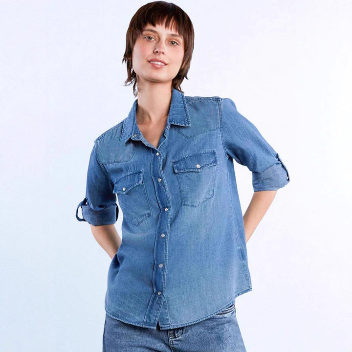Damen lässige Denim-Bluse mit aufgesetzten Taschen und leicht tailliertem Schnitt Echo Archiv