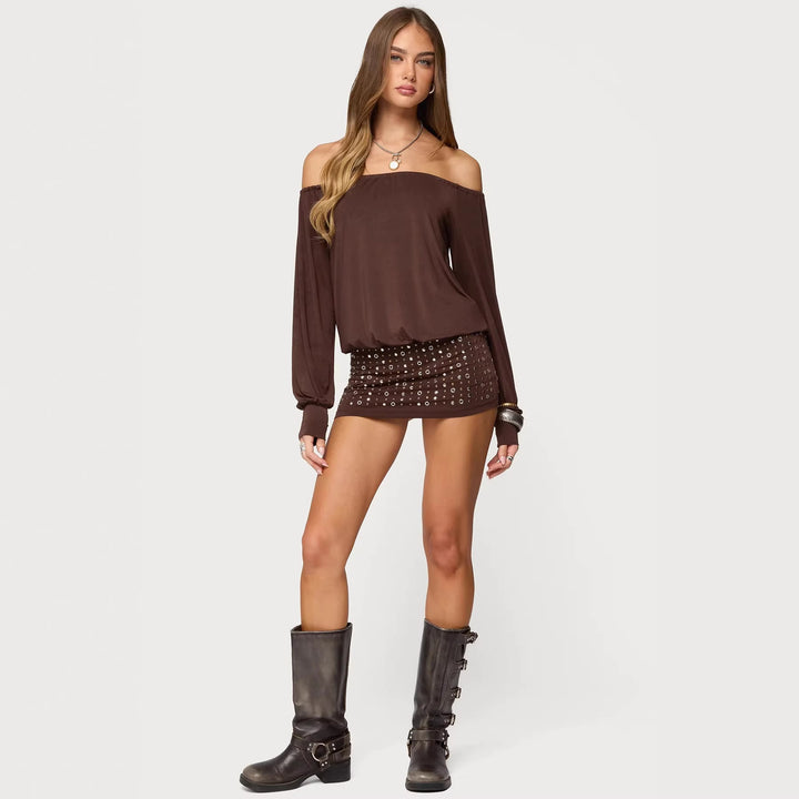 Damen Off-Shoulder Top mit eleganten langen Ärmeln und figurbetontem Rock Echo Archiv