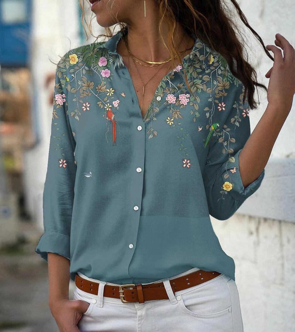 Damen nan leichte Chiffonbluse mit floralem Vogelprint, Knopfleiste und lässigem Schnitt Echo Archiv