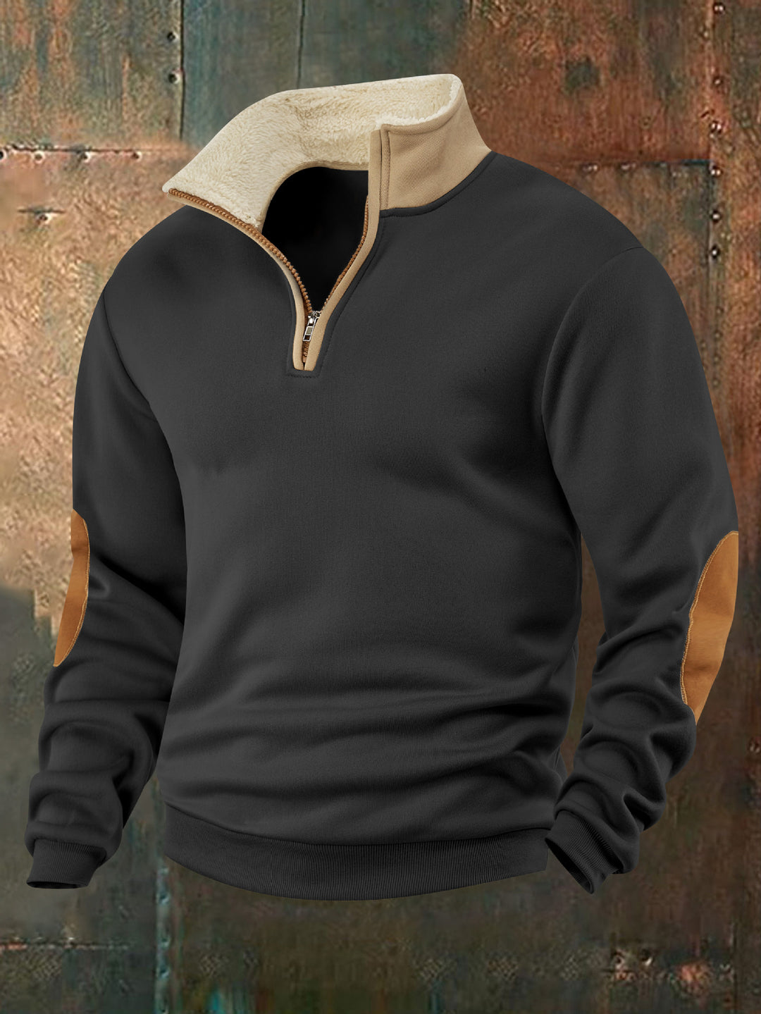 Herren Fleece-Pullover mit hochabschließendem Kragen und modischen Lederapplikationen Echoarchiv
