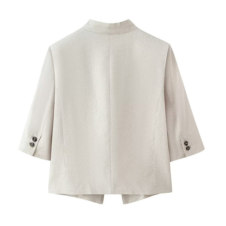 Damen Leichte Leinenoptik Kurzjacke mit Stehkragen und asymmetrischem einknöpfigem Verschluss Echo Archiv