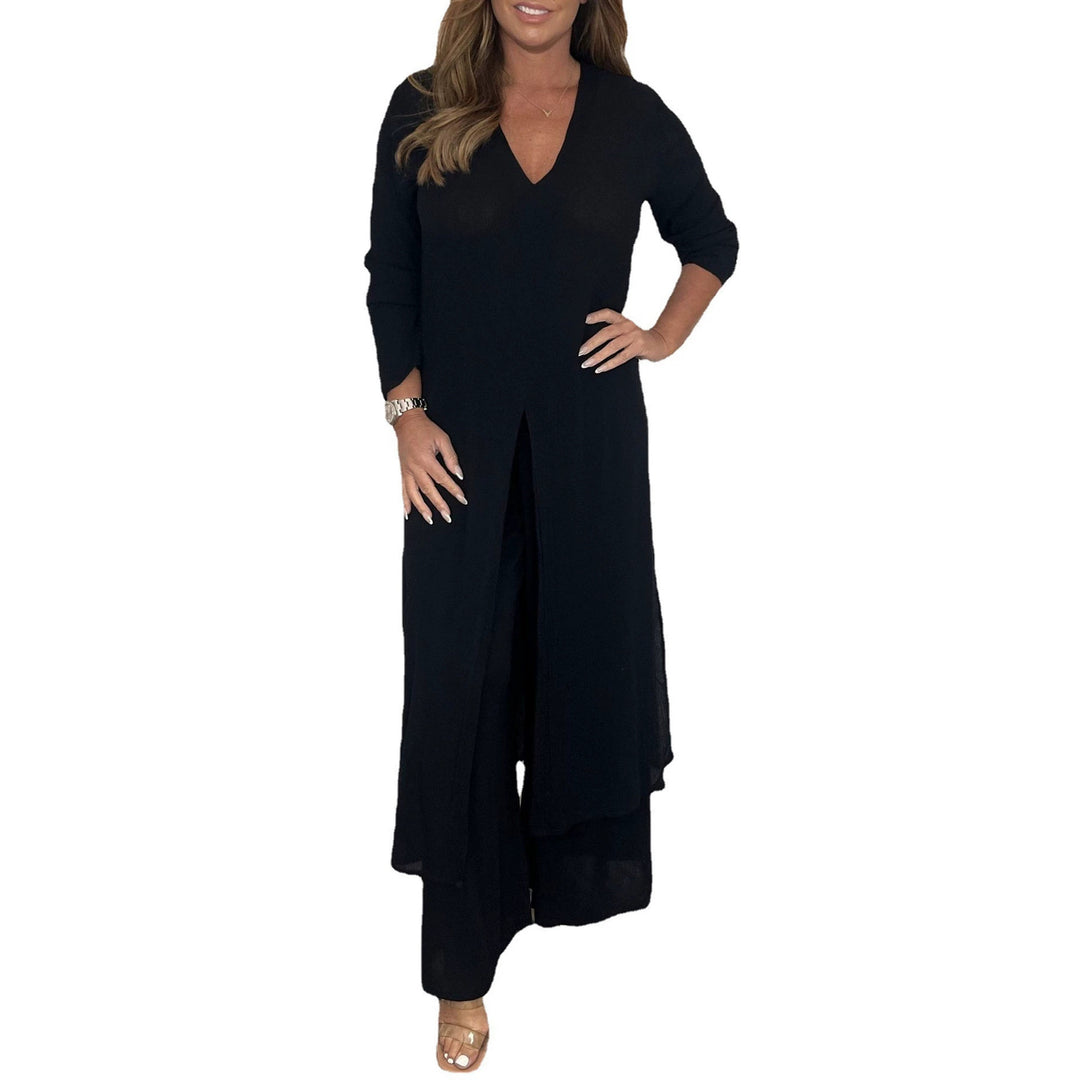 Damen Langes V‑Ausschnitt Tunika‑Kleid mit Frontschlitz und weiter Palazzohose Echoarchiv