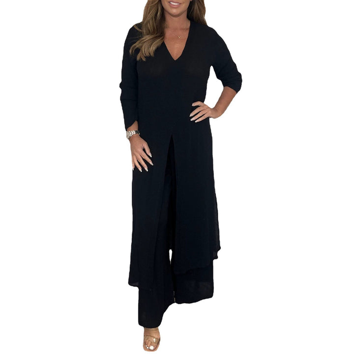 Damen Langes V‑Ausschnitt Tunika‑Kleid mit Frontschlitz und weiter Palazzohose Echoarchiv