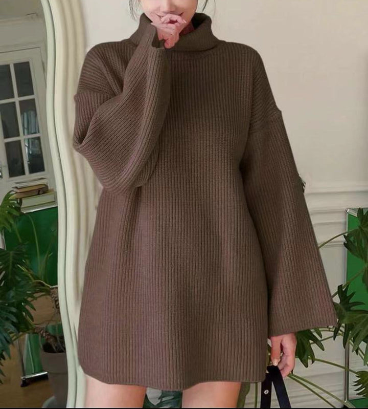 Damen Oversized geripptes Rollkragen‑Strickkleid mit Glockenärmeln – Mavelle