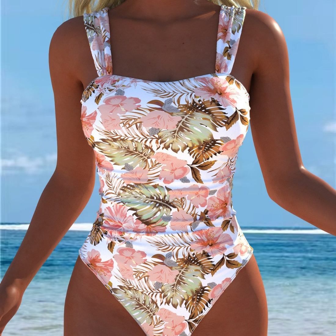 Damen Einteiliger Badeanzug mit floralen Akzenten und breiten Trägern – Maréssa