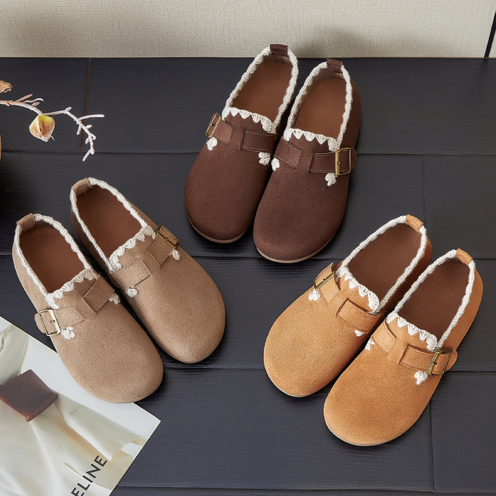 Damen nan kuschelige Mokassin-Slipper mit verstellbarem Schnallenriemen und gehäkelter Kantenverzierung Echo Archiv