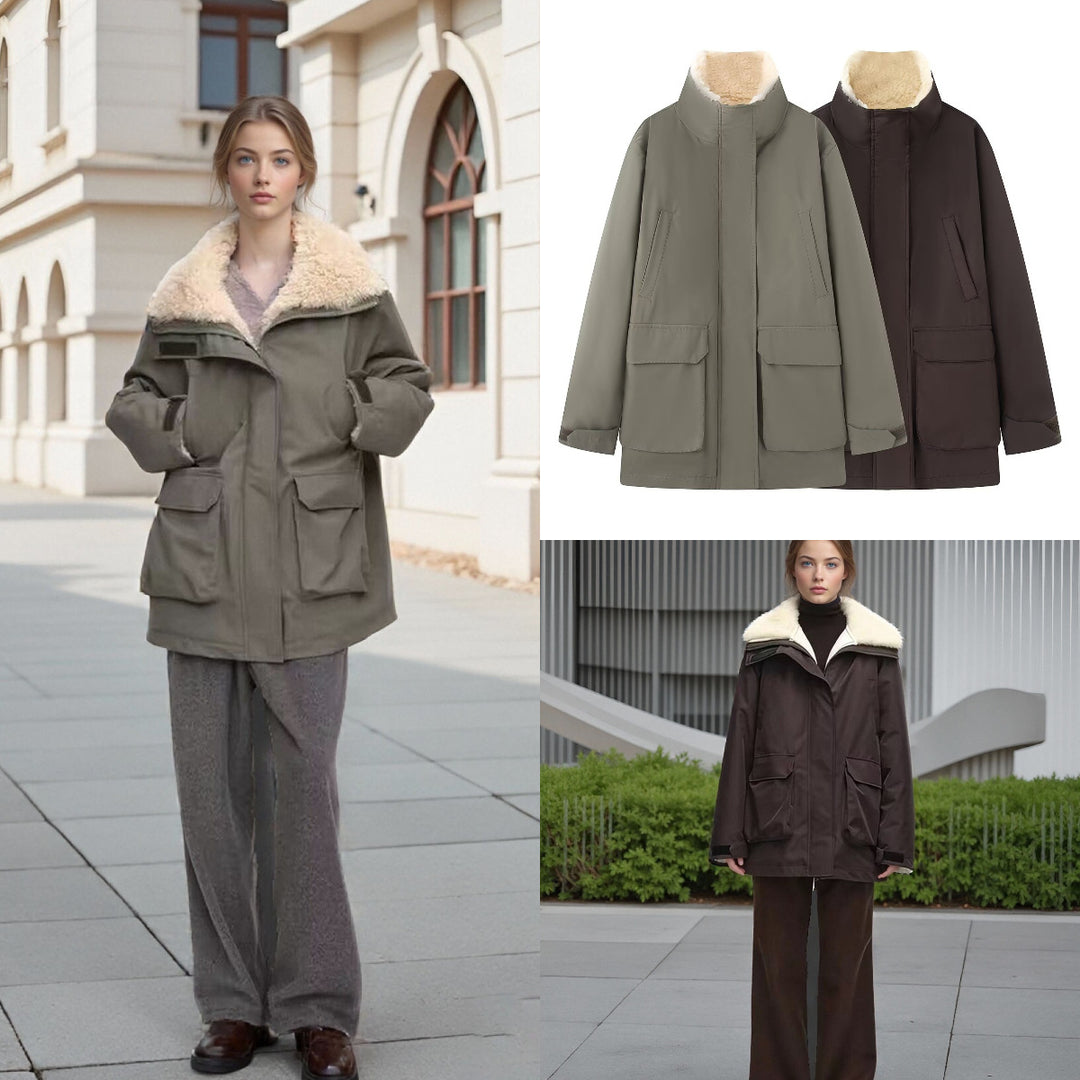 Damen Wattierte Parka‑Jacke mit hohem Teddykragen und aufgesetzten Klappentaschen Echo Archiv
