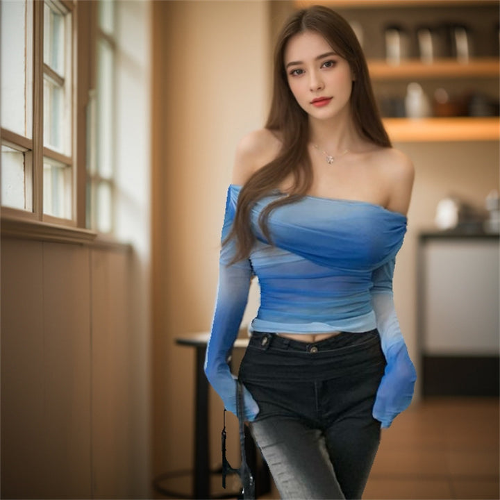 Damen Schulterfreies Mesh-Longsleeve mit Raffung und leichter Transparenz Echoarchiv